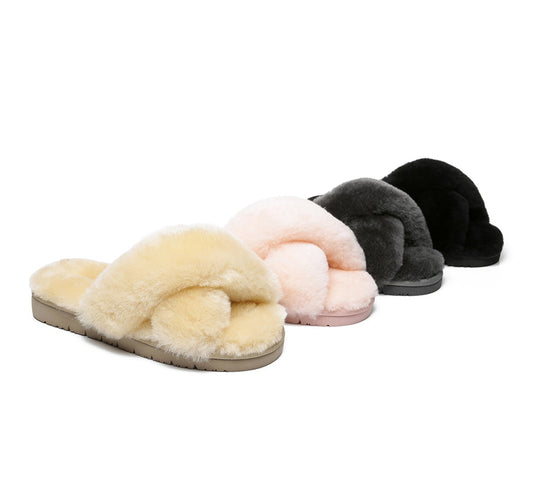 Australian Shepherd® Sheepskin Wool Women Fluffy Crossover Slide Slipper Leanna